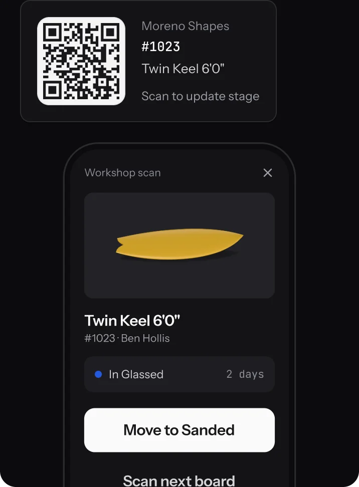 A printed QR label for order #1023 and the phone scan screen offering Move to Sanded