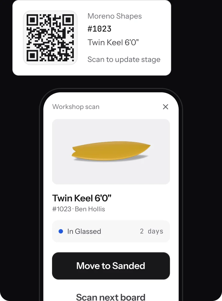 A printed QR label for order #1023 and the phone scan screen offering Move to Sanded