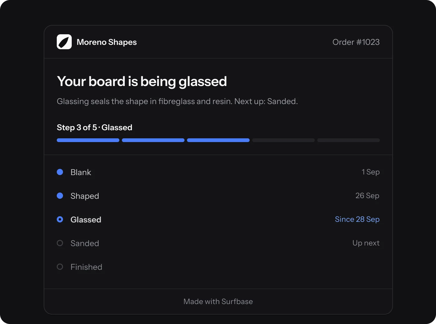 The rider's status page for order #1023: the board is being glassed, step 3 of 5