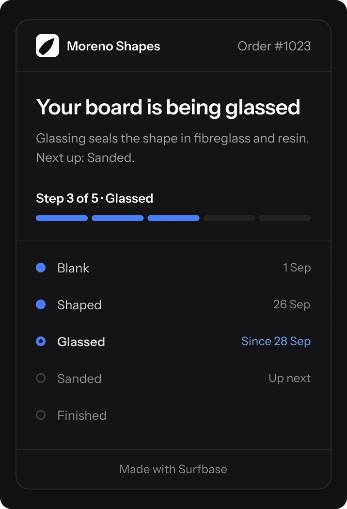 The rider's status page: the board is being glassed, step 3 of 5