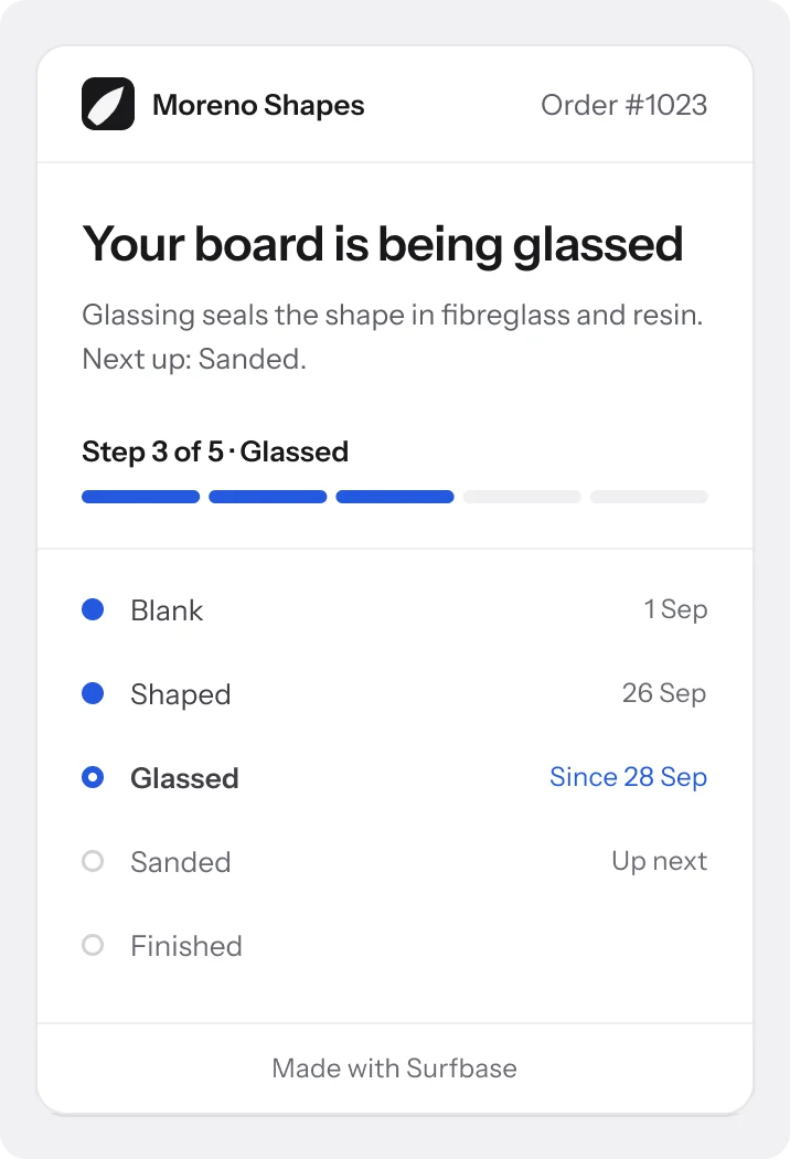 The rider's status page: the board is being glassed, step 3 of 5