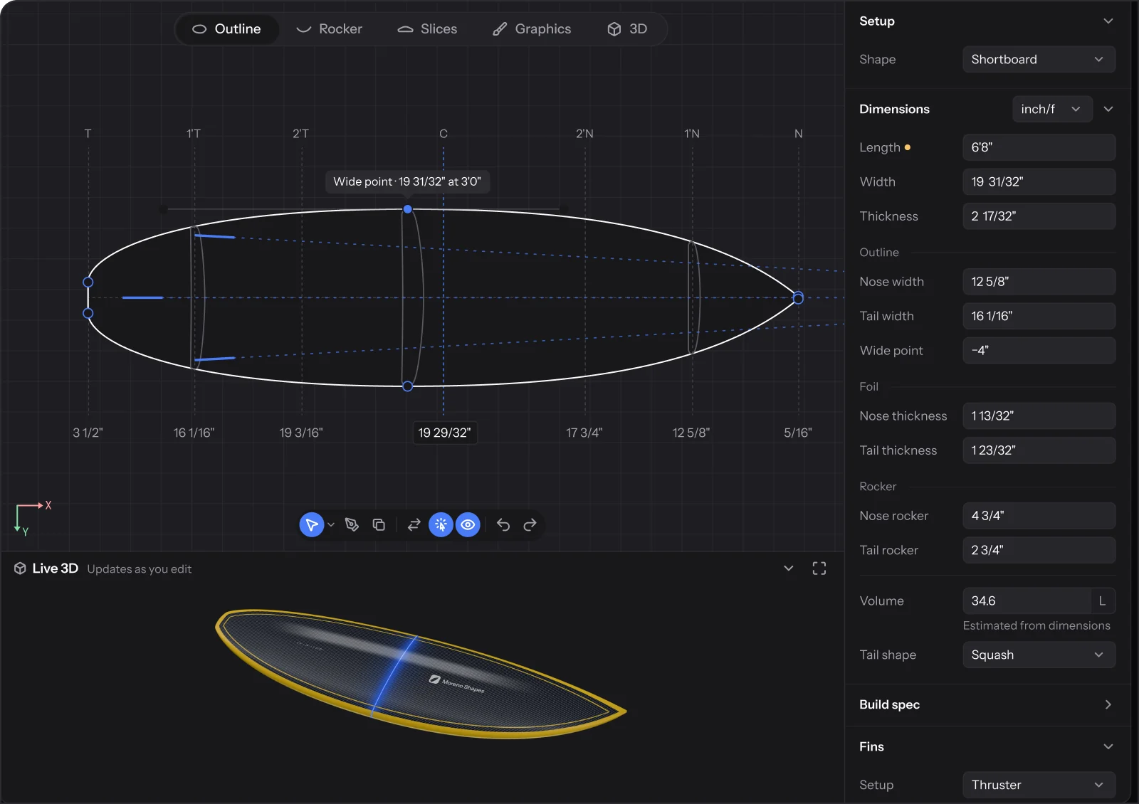 The Surfbase design editor: Midnight Carbon’s shortboard outline with its squash tail, stations and control points, above a Live 3D preview of the board