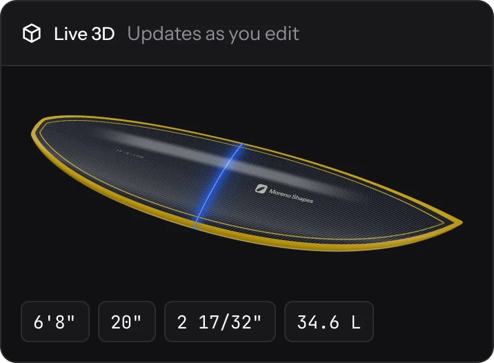 The Surfbase design editor: Midnight Carbon’s shortboard outline with its squash tail, stations and control points, above a Live 3D preview of the board