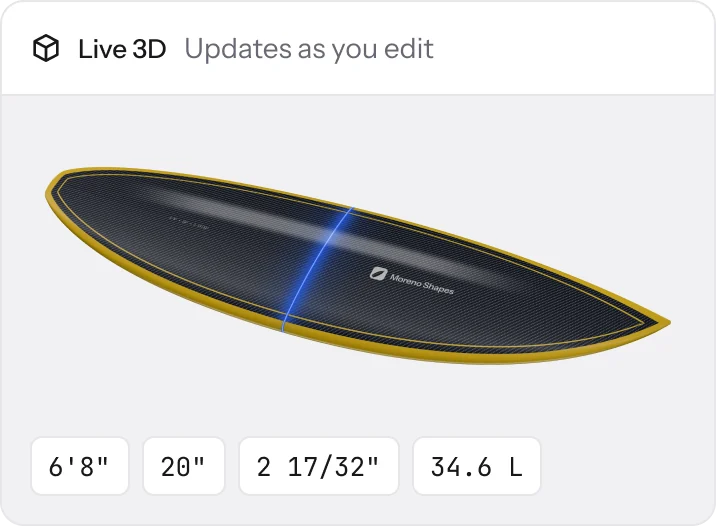 The Surfbase design editor: Midnight Carbon’s shortboard outline with its squash tail, stations and control points, above a Live 3D preview of the board