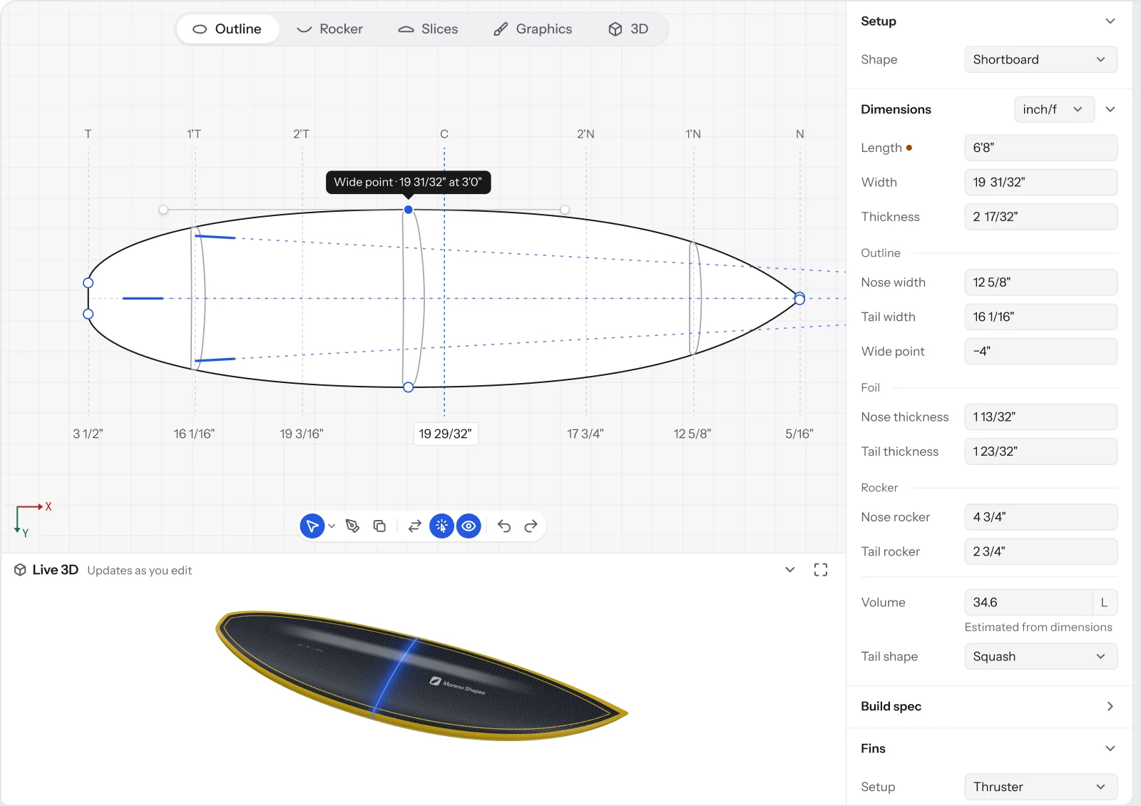 The Surfbase design editor: Midnight Carbon’s shortboard outline with its squash tail, stations and control points, above a Live 3D preview of the board