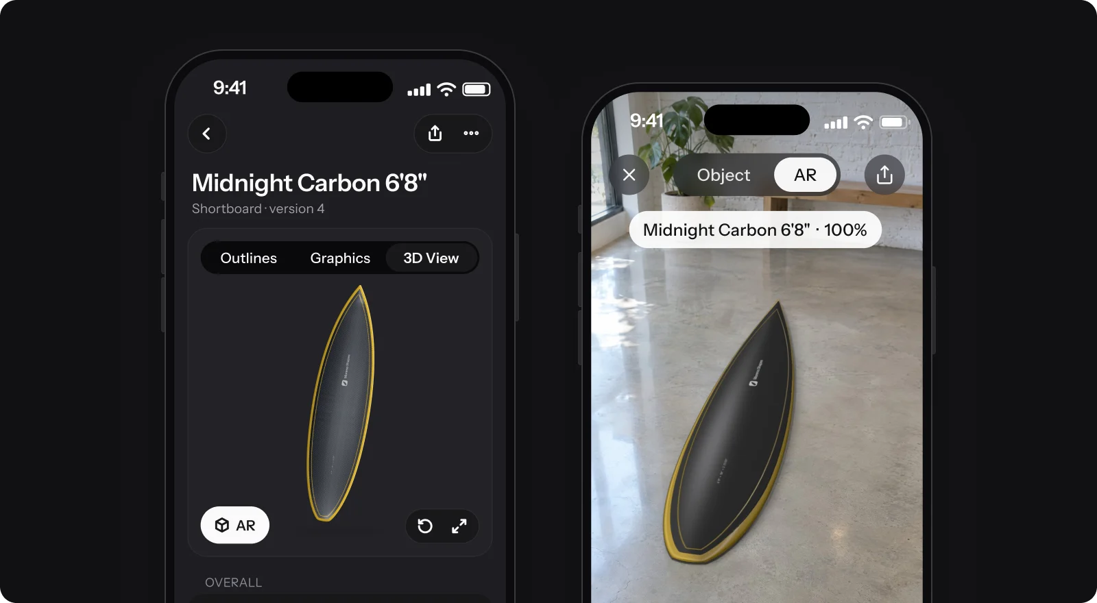 The Surfbase iPhone app beta: Midnight Carbon 6'8" in the 3D view and in AR on a workshop floor