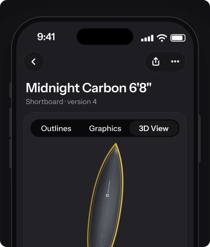 The Surfbase iPhone app beta: Midnight Carbon 6'8" in the 3D view and in AR on a workshop floor