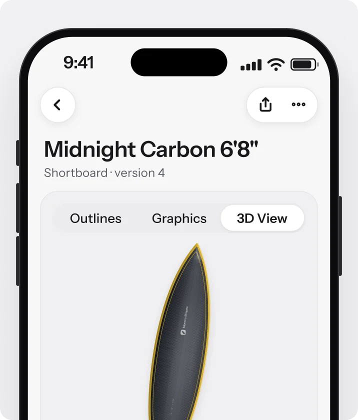 The Surfbase iPhone app beta: Midnight Carbon 6'8" in the 3D view and in AR on a workshop floor