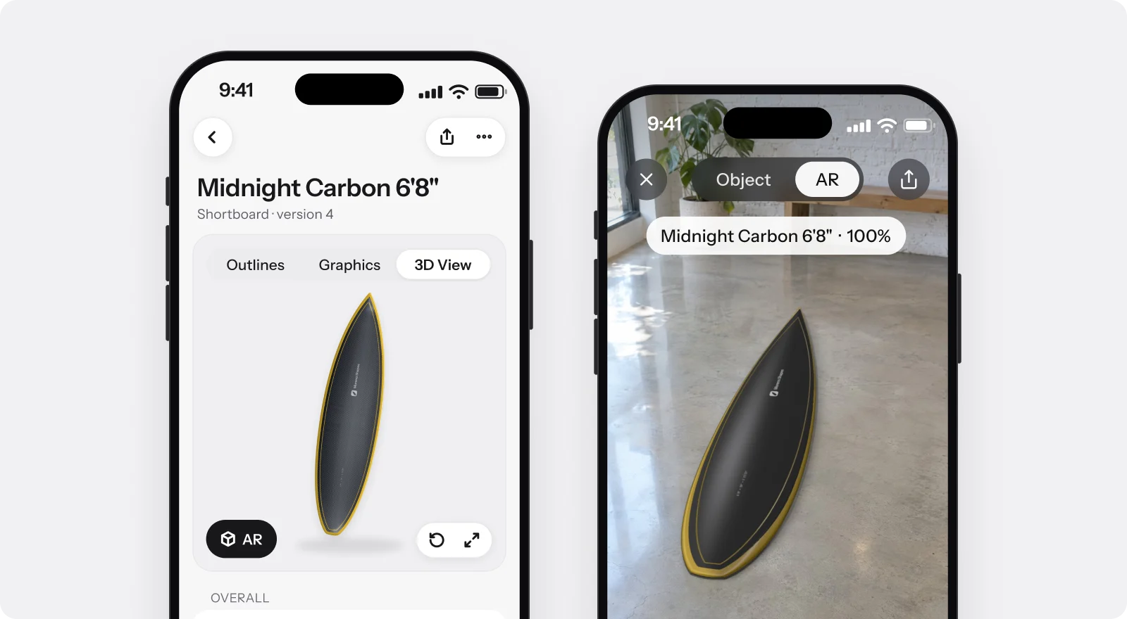 The Surfbase iPhone app beta: Midnight Carbon 6'8" in the 3D view and in AR on a workshop floor