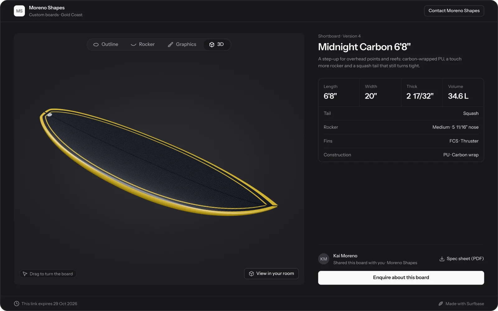 A public share page for Midnight Carbon 6'8": the board in 3D beside its specs and an Enquire about this board button