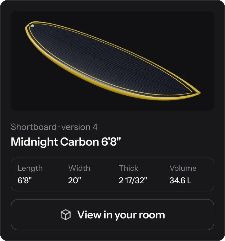 A public share page for Midnight Carbon 6'8": the board in 3D beside its specs and an Enquire about this board button