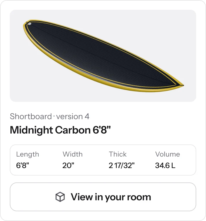 A public share page for Midnight Carbon 6'8": the board in 3D beside its specs and an Enquire about this board button