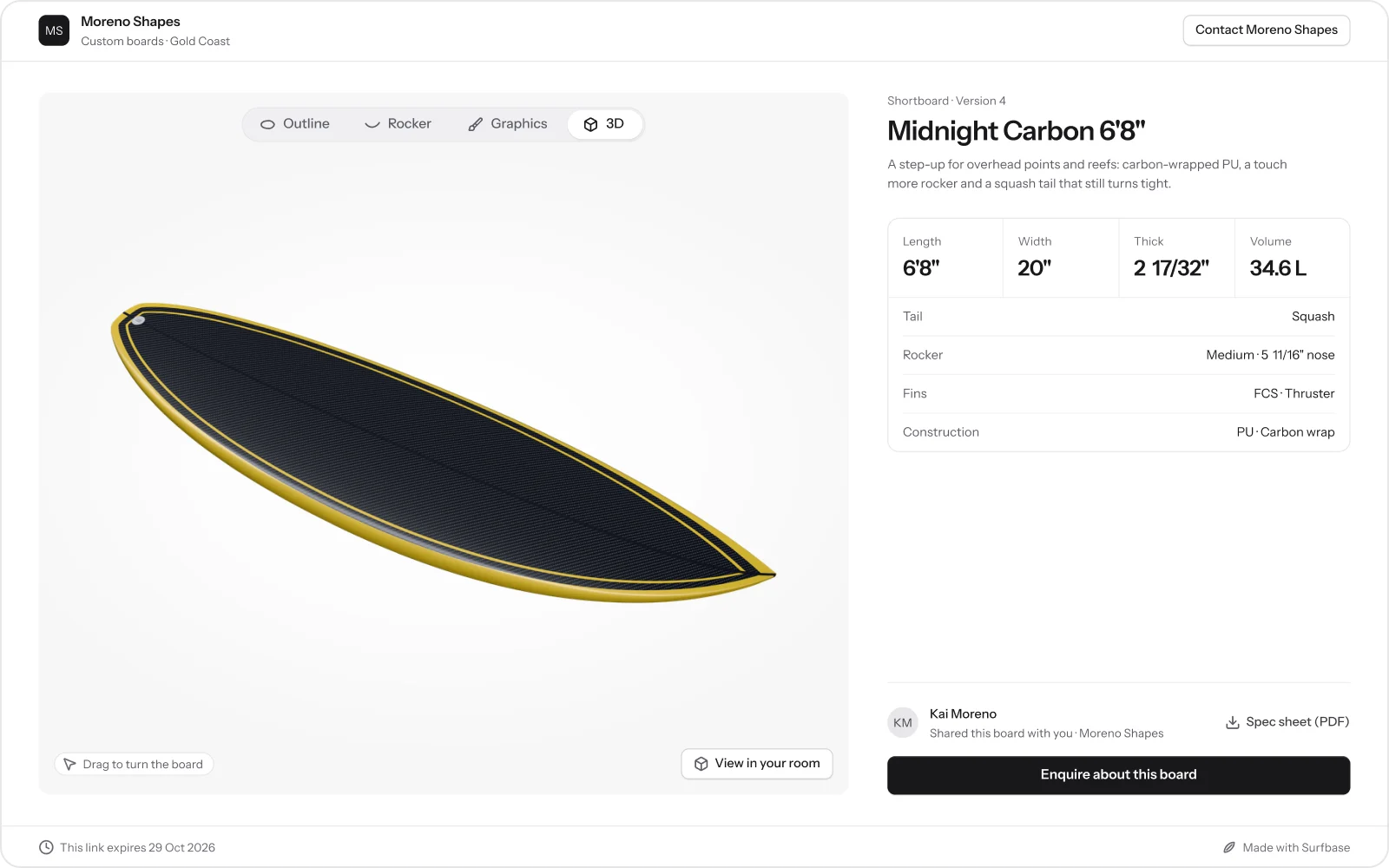 A public share page for Midnight Carbon 6'8": the board in 3D beside its specs and an Enquire about this board button