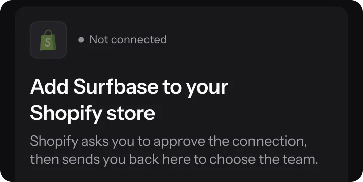 Surfbase Settings, Integrations, Shopify: the Add Surfbase to your Shopify store card, not connected, with an Open the Shopify App Store button